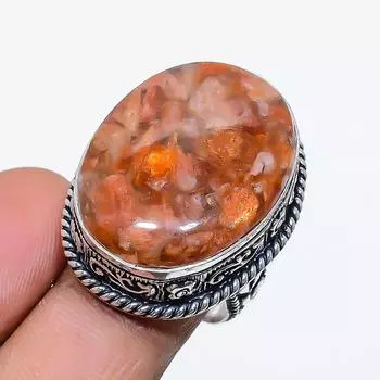 Ювелирное кольцо ручной работы из стерлингового серебра 925 пробы с натуральным солнечным камнем, размер 7 f4v57