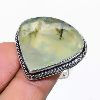 Ювелирное кольцо ручной работы из стерлингового серебра 925 пробы с натуральным драгоценным камнем пренитом, размер 7 u4a74