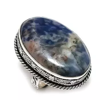 Ювелирное кольцо ручной работы из стерлингового серебра 925 пробы с натуральным драгоценным камнем содалитом, размер 9 c4v51