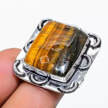 Ювелирное кольцо ручной работы из стерлингового серебра 925 пробы с натуральным тигровым глазом, размер 8 W7V01