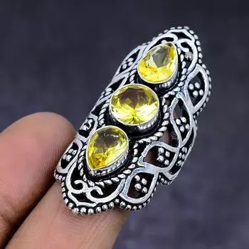 Ювелирное кольцо ручной работы из стерлингового серебра 925 пробы с натуральным цитрином, размер 7 K3Y69