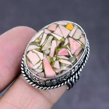 Ювелирное кольцо ручной работы из стерлингового серебра 925 пробы с натуральным розовым опалом, размер 8 L3z01