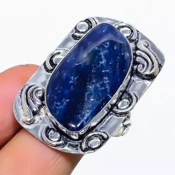 Ювелирное кольцо ручной работы из стерлингового серебра 925 пробы с натуральным драгоценным камнем содалитом, размер 9 I7M03