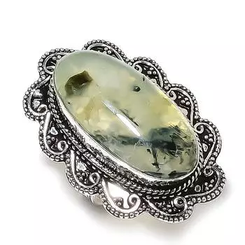 Ювелирное кольцо ручной работы из стерлингового серебра 925 пробы с натуральным драгоценным камнем пренитом, размер 7 Q0K34