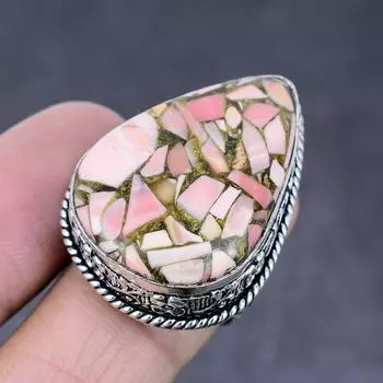 Ювелирное кольцо ручной работы из стерлингового серебра 925 пробы с натуральным розовым опалом, размер 8 J9O68