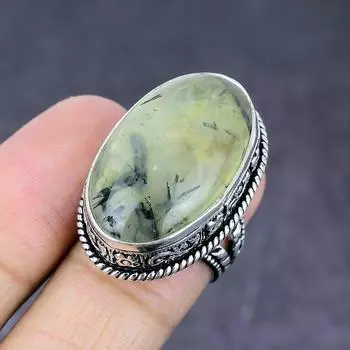 Ювелирное кольцо ручной работы из стерлингового серебра 925 пробы с натуральным драгоценным камнем пренитом, размер 7 P2t16