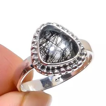 Ювелирное кольцо ручной работы из стерлингового серебра 925 пробы с натуральным черным рутиловым камнем S.6 T3Y60