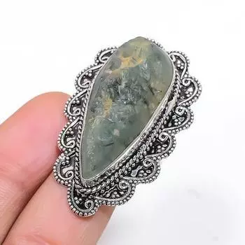 Ювелирное кольцо ручной работы из стерлингового серебра 925 пробы с натуральным драгоценным камнем пренитом, размер 7 t5J28