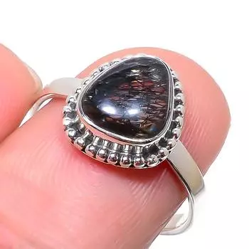 Ювелирное кольцо ручной работы из стерлингового серебра 925 пробы с натуральным черным рутилом S.9 L1g02