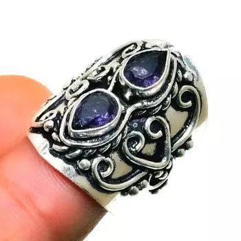 Ювелирное кольцо ручной работы с аметистом 925 пробы, посеребренное, размер 4