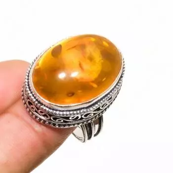Ювелирное кольцо ручной работы с балтийским янтарем, посеребренное серебро 925 пробы, размер 7,5