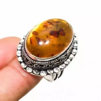 Ювелирное кольцо ручной работы с балтийским янтарем, посеребренное серебро 925 пробы, размер 7,5