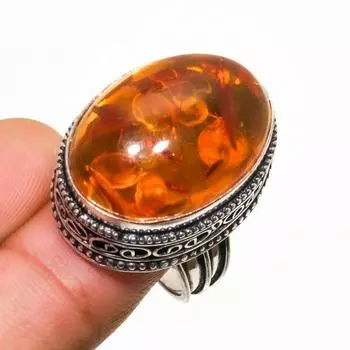 Ювелирное кольцо ручной работы с балтийским янтарем, посеребренное серебро 925 пробы, размер 7,5
