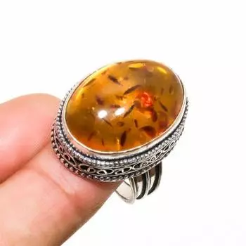 Ювелирное кольцо ручной работы с балтийским янтарем, посеребренное серебро 925 пробы, размер 8,5