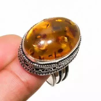 Ювелирное кольцо ручной работы с балтийским янтарем, посеребренное серебро 925 пробы, размер 8