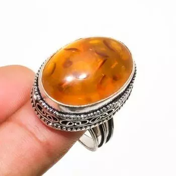 Ювелирное кольцо ручной работы с балтийским янтарем, посеребренное серебро 925 пробы, размер 8,5