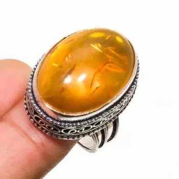 Ювелирное кольцо ручной работы с балтийским янтарем, посеребренное серебро 925 пробы, размер 7,5