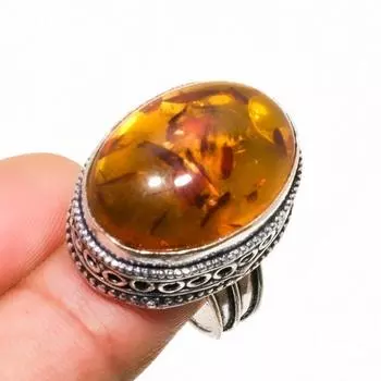 Ювелирное кольцо ручной работы с балтийским янтарем, посеребренное серебро 925 пробы, размер 7