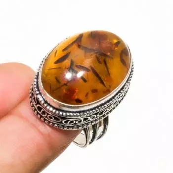 Ювелирное кольцо ручной работы с балтийским янтарем, посеребренное серебро 925 пробы, размер 7
