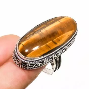 Ювелирное кольцо ручной работы с драгоценным камнем 925 пробы «Тигровый глаз», посеребренное, размер 9