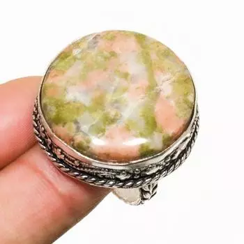 Ювелирное кольцо ручной работы с драгоценным камнем унакитом 925 пробы, посеребренное, размер 9