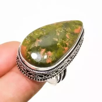 Ювелирное кольцо ручной работы с драгоценным камнем унакитом 925 пробы, посеребренное, размер 7,5