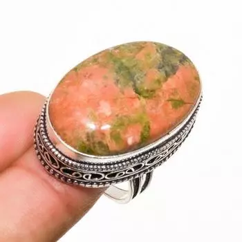 Ювелирное кольцо ручной работы с драгоценным камнем унакитом 925 пробы, посеребренное, размер 9