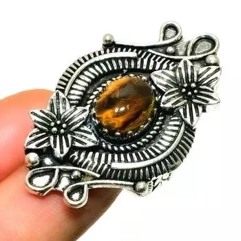 Ювелирное кольцо ручной работы с драгоценным камнем 925 пробы Тигровый глаз, посеребренное, размер 8