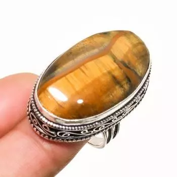 Ювелирное кольцо ручной работы с драгоценным камнем 925 пробы Тигровый глаз, посеребренное, размер 6,5