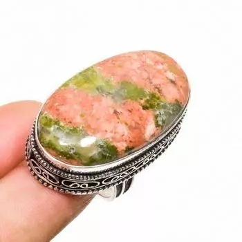Ювелирное кольцо ручной работы с драгоценным камнем унакитом 925 пробы, посеребренное, размер 6,5