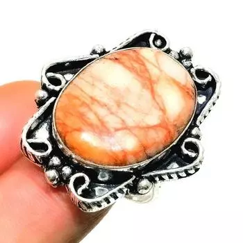 Ювелирное кольцо ручной работы с драгоценным камнем 925 пробы Бабочка Яшма, посеребренное, размер 8