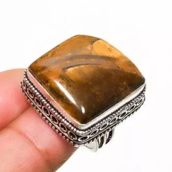 Ювелирное кольцо ручной работы с драгоценным камнем 925 пробы Тигровый глаз, посеребренное, размер 6,5