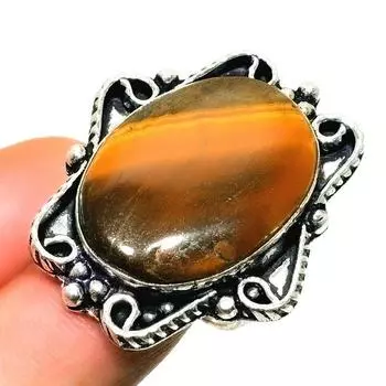 Ювелирное кольцо ручной работы с драгоценным камнем 925 пробы Тигровый глаз, посеребренное, размер 7
