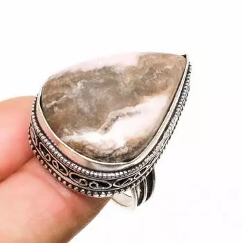 Ювелирное кольцо ручной работы с кальцитом и агатом, серебро 925 пробы, размер 8
