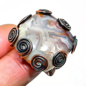 Ювелирное кольцо ручной работы с кружевным агатом и драгоценным камнем Laguna, медная проволока, размер 6,5