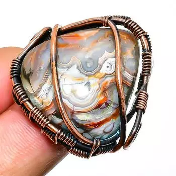 Ювелирное кольцо ручной работы с кружевным агатом и драгоценным камнем Laguna, медная проволока, размер 8