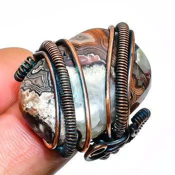 Ювелирное кольцо ручной работы с кружевным агатом и драгоценным камнем Laguna, медная проволока, размер 6,5