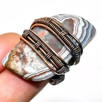 Ювелирное кольцо ручной работы с кружевным агатом и драгоценным камнем Laguna, медная проволока, размер 5,5