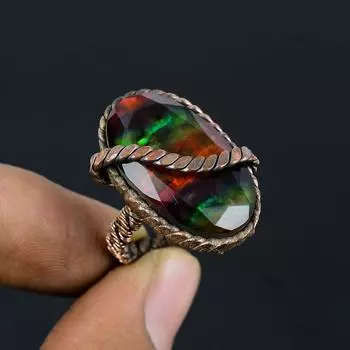 Ювелирное кольцо ручной работы с медной проволокой из драгоценного камня аммонита для нее всех размеров 4 зелёный