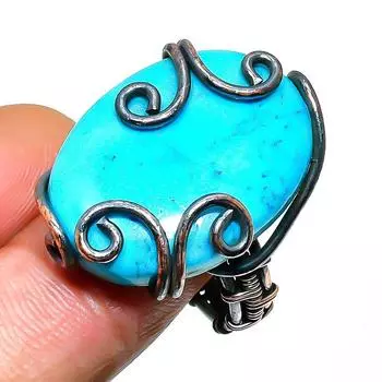 Ювелирное кольцо ручной работы с медной проволокой и драгоценным камнем Аризона, бирюза, размер 8,5