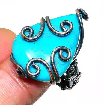 Ювелирное кольцо ручной работы с медной проволокой и драгоценным камнем Аризона, бирюза, размер 8