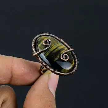 Ювелирное кольцо ручной работы с медной проволокой из драгоценного камня тигрового глаза для нее всех размеров 4 жёлтый