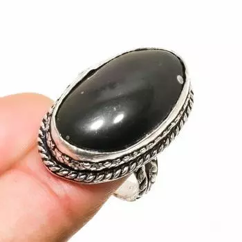 Ювелирное кольцо ручной работы с обсидианом и снежинкой из серебра 925 пробы, размер 6