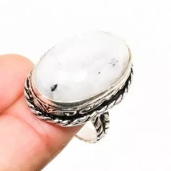 Ювелирное кольцо ручной работы с радужным лунным камнем, серебро 925 пробы, размер 7,5