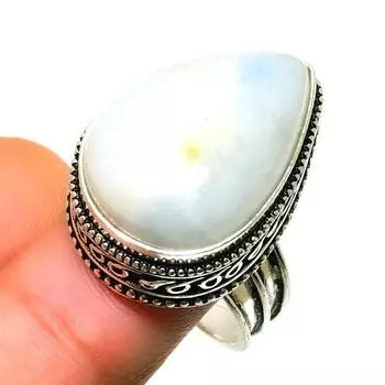 Ювелирное кольцо ручной работы с радужным лунным камнем 925 пробы, посеребренное, размер 8,5
