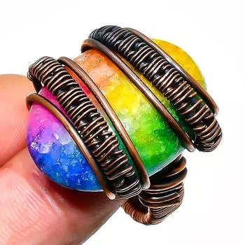 Ювелирное кольцо ручной работы с радужным солнечным кварцем и медной проволокой, размер 8