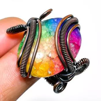 Ювелирное кольцо ручной работы с радужным солнечным кварцем и медной проволокой, размер 8