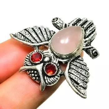 Ювелирное кольцо ручной работы с розовым кварцем и гранатом 925 пробы, посеребренное, размер 7