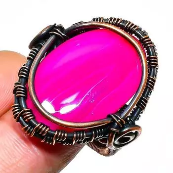 Ювелирное кольцо ручной работы с розовым кружевным агатом и медной проволокой, размер 7,5