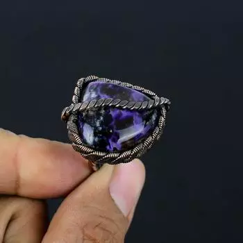 Ювелирное кольцо ручной работы с русским драгоценным камнем чаорит, медная проволока, все размеры 4 фиолетовый